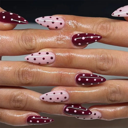 24PCS Wine Red Almond Press on Nails Cartoon Rabbit Bowknot with Plaid Pearl Designs French Fake Nails for Girls Detachable Nail