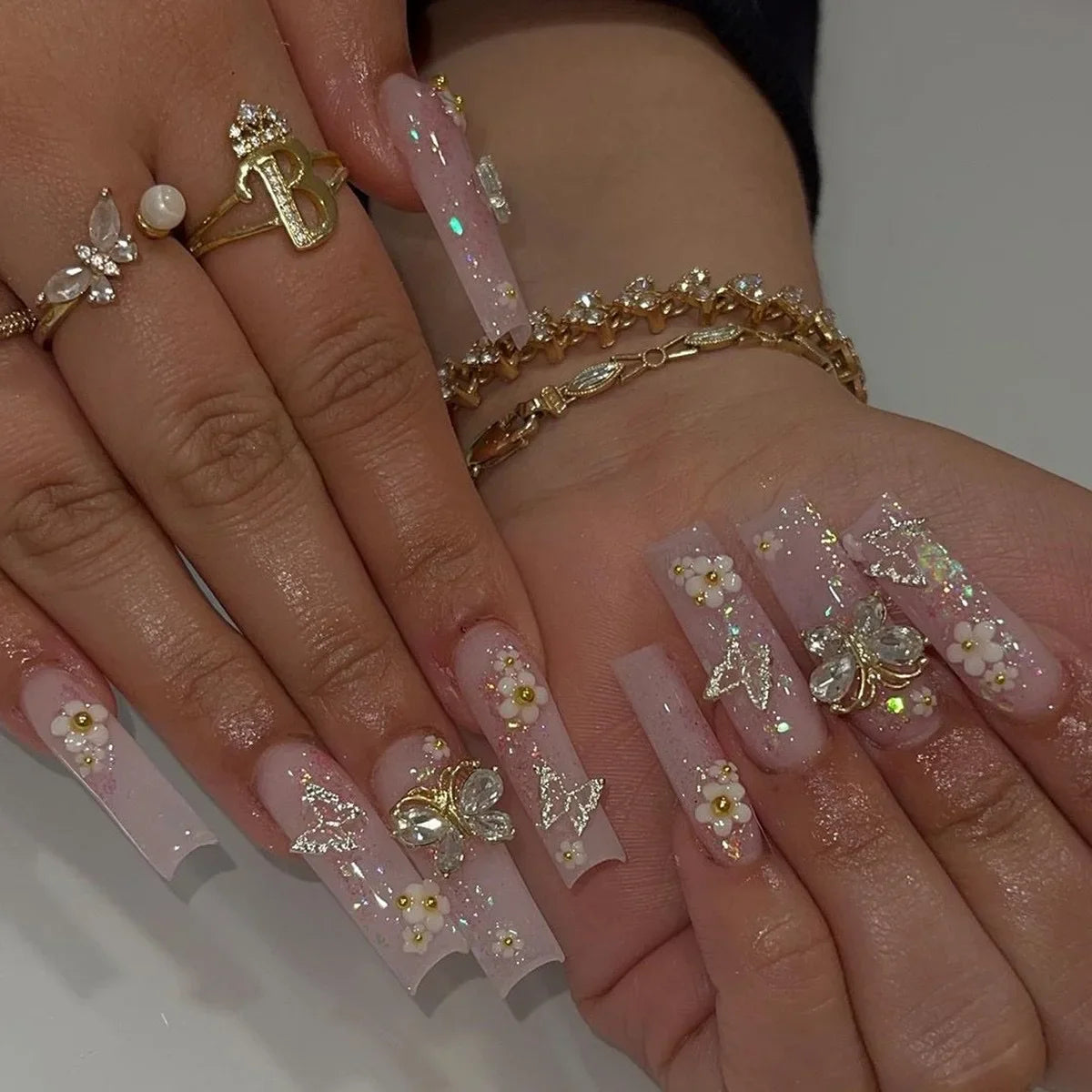 24Pcs Gold French Border False Nails Long Coffin False Nails with Rhinestones Ballerina Full Cover Nail Tips Press on Nails