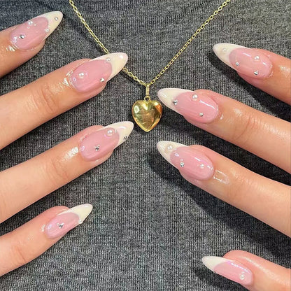 24Pcs Long Almond Fake Nails with White Edge Design Wearable French Press on False Nails Simple Full Cover Nail Tips Manicure