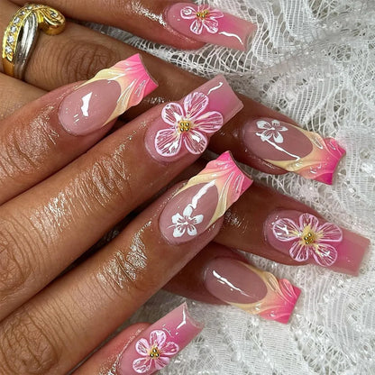 Pink Magic Mirror French 3D Flowers Nail Art Fashion Almond Wearable False Nails Detachable Finished Fake Nails Press on Nails