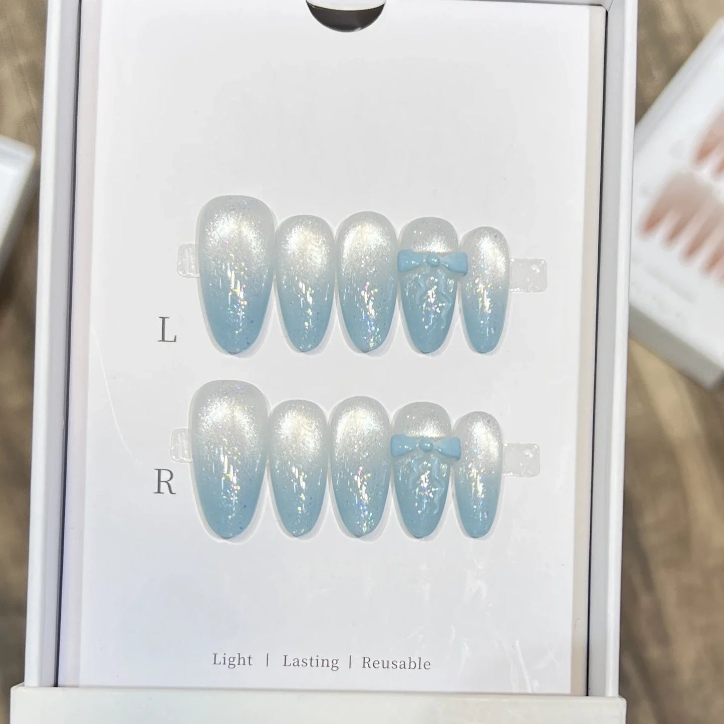 10pc Cat Eye Almond Handmade Press on Nails Light Blue Bow Fake Nails False Nails Artificial Nail Wearable Nail Tips Art Uñas