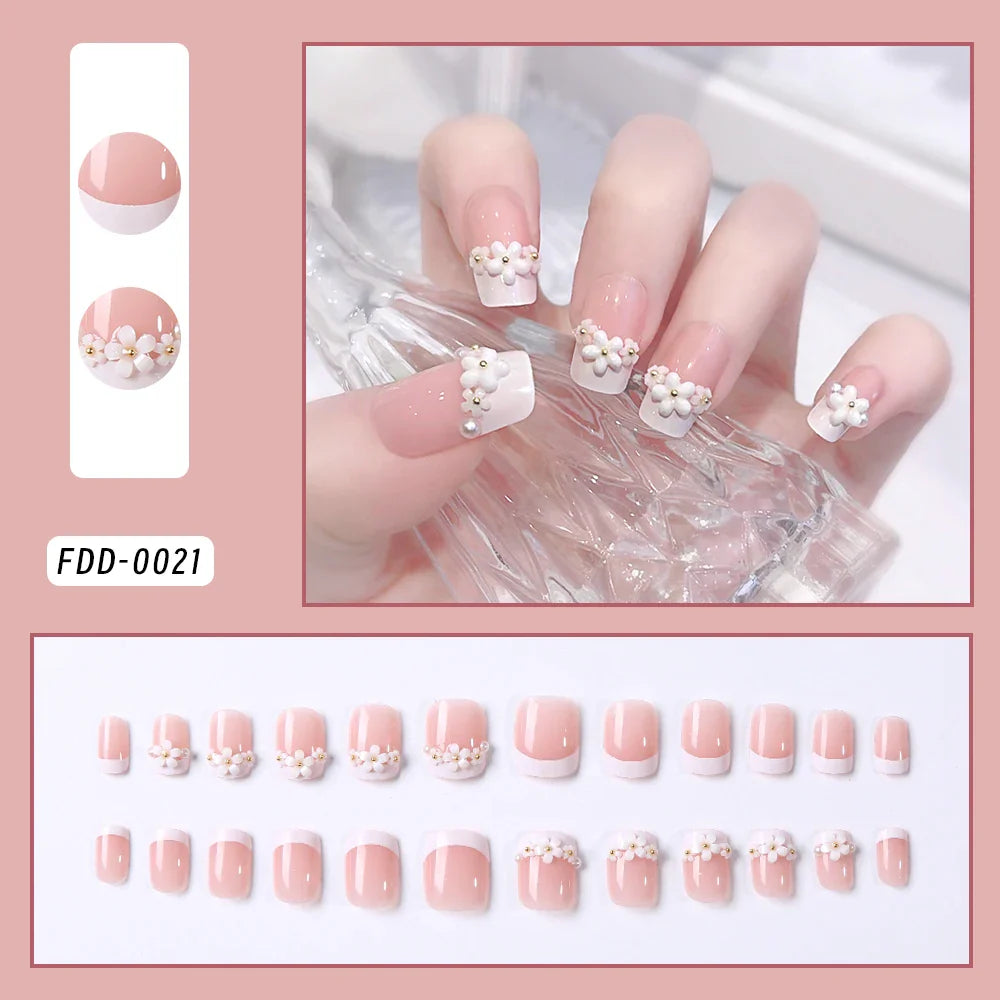 24Pcs Bow Pearl Press on Fake Nails Nude Pink Almond French Stick on False Nail Korean Sweet Girls Wearable Press on Nail + TOOL