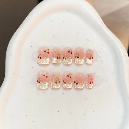 10Pcs French Cat Eye Square Handmade Press on Nail Fake Nails with Cherry Pattern Handmade Wearable False Nail Uñas Postizas 네일팁