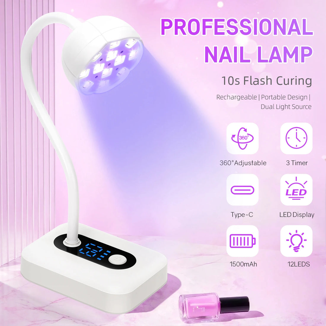 36W Rechargeable UV LED Nail Lamp Cordless 12LEDS Nail Dryer 360° Bendable Fast Drying Nail Manicure Polish Glue Gel Curing Lamp
