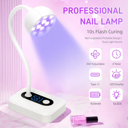 36W Rechargeable UV LED Nail Lamp Cordless 12LEDS Nail Dryer 360° Bendable Fast Drying Nail Manicure Polish Glue Gel Curing Lamp