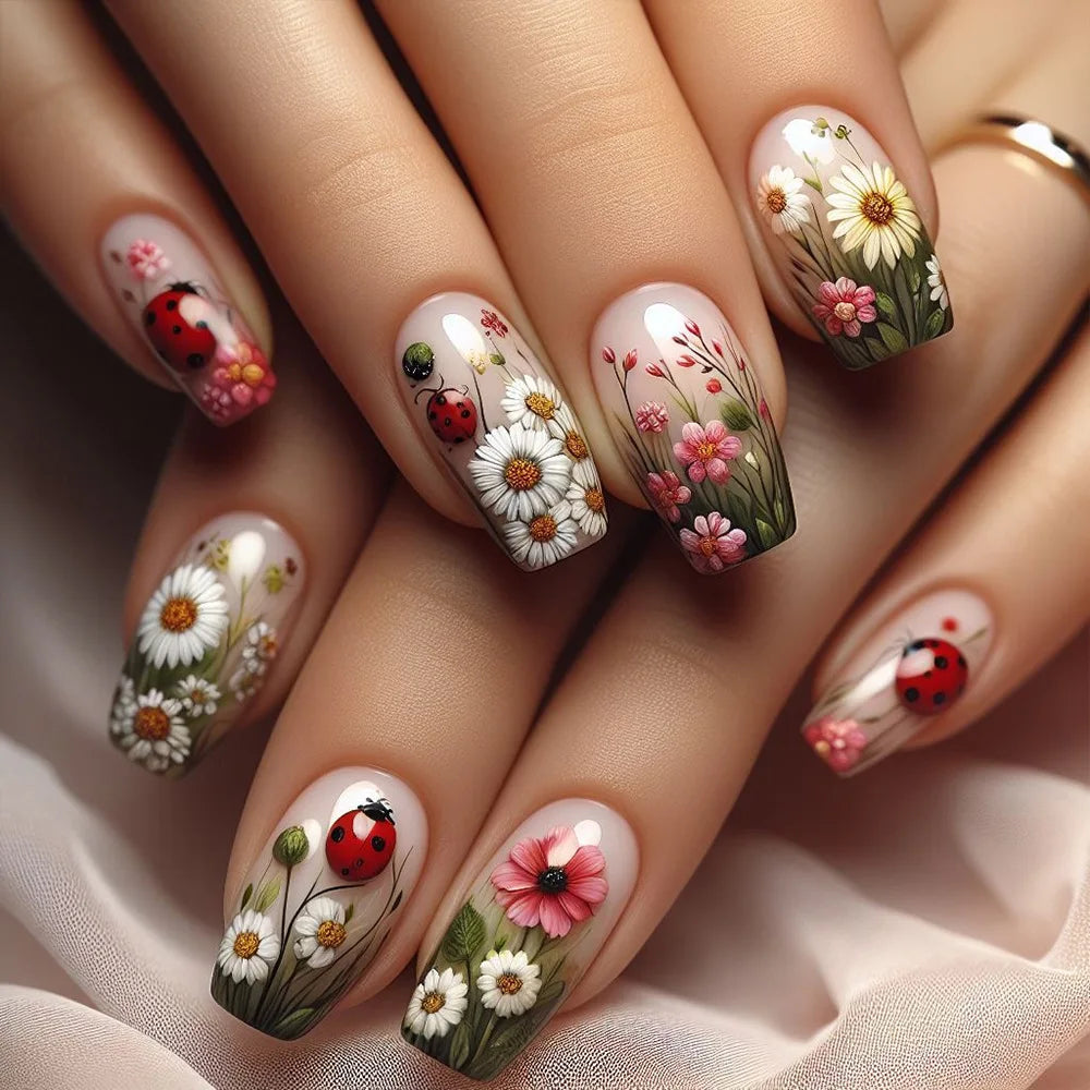 24Pc Colorful Sunflower Pattern Design Fake Nails Detachable Long Ballet Press on False Nails Fashion Nails Art Tips for Spring.