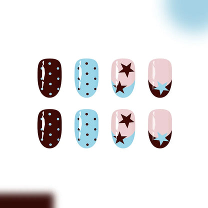 24pcs Five-Pointed Star Fake Nails Blue French Dark Brown Press on Nail Short Oval Polka Dot False Nail for Women&Girl Nail Art