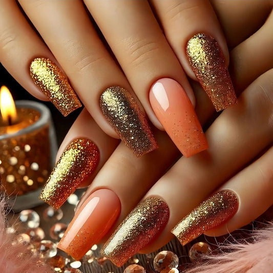 Short Medium long fake nails for women golden green pink blue sparkling glitter french tips ballet square almond press on nails