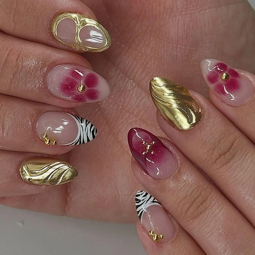 24Pcs Short Almond Fake Nails Butterfly Wings Nail Art with Glue Glitter Flower False Nails Acrylic Autumn Winter Press on Nail