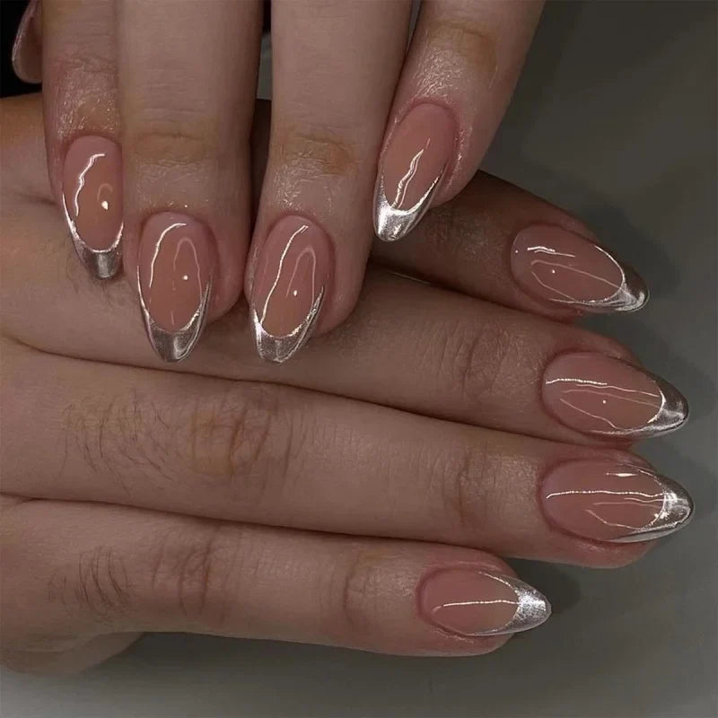 24pcs French Fake Nails Finished Almond Nails Sets with Golden Bow Design False Nail Art Simple Datachable Press on Nails Tips