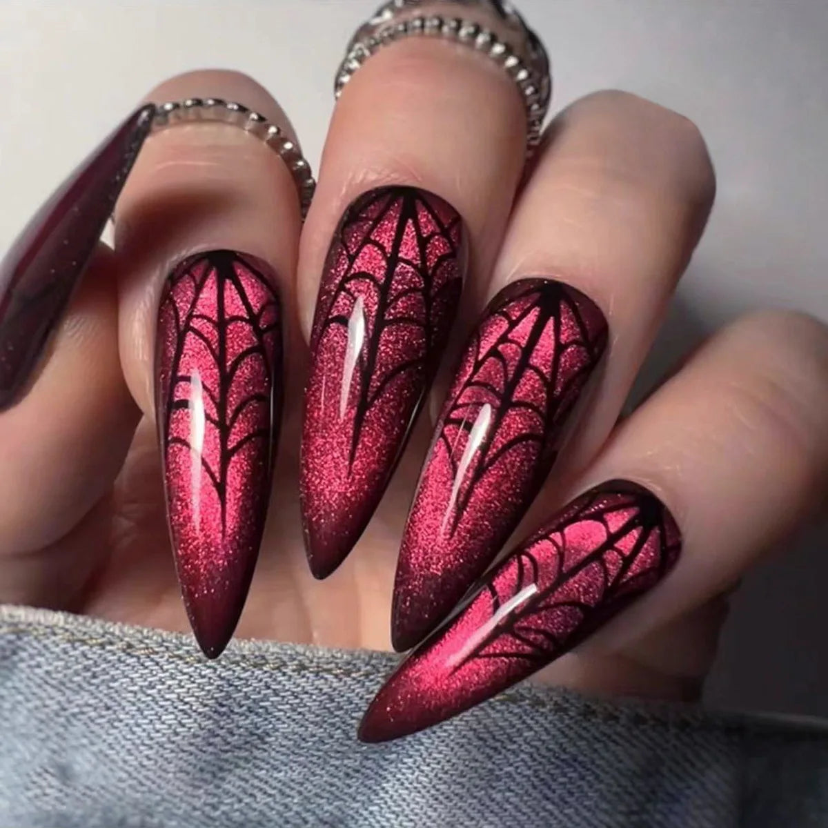 24Pcs Horror Comic Tomie Press on Nails Almond Glossy Black Japanese Anime Nails Reusable Halloween False Nail Tips for Girls