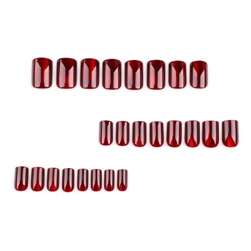 24pcs Crystal Cat Eye False Nails with Glue Short Square Press on Nails Shiny Red Jewel Nail Solid Color Fake Nails Minimalis