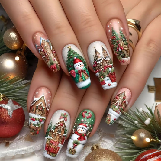 Short Medium fake nails for Christmas party Santa claus deers snowman snowflakes almond Square tips press on false nail art set