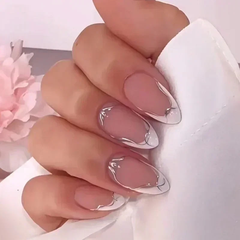 24pcs French Almond Fake Nails Gold Edge Glitter Press on Nails Swirl Metal Nail Art False Nail Full Cover Nail Tips False Nais