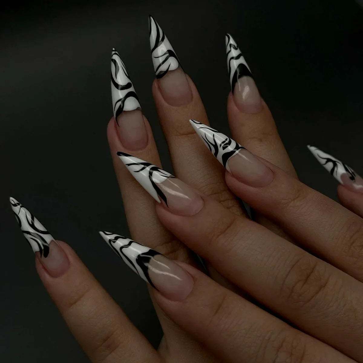 Long Almond Fake Nails Detachable French Ballet Halloween False Nails nail art Full Cover Nail Tips Press On Nails 24pcs
