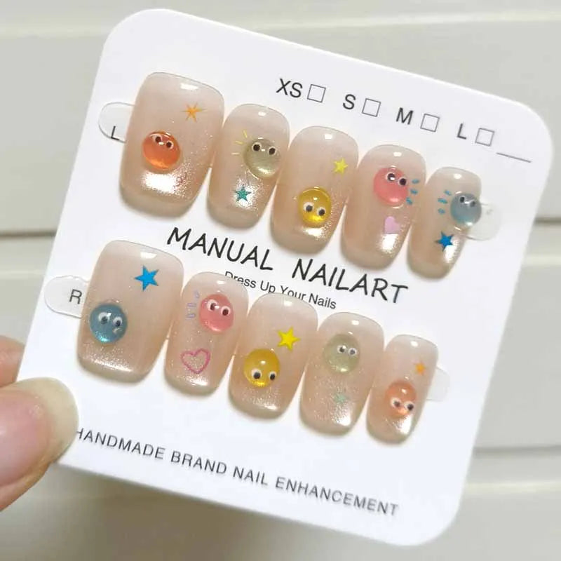 10Pcs French Style New Cute 3D Small Eyes Wearable Nails Patch Nail and Nail Accessories Press on Nails Detachable Nail Tips