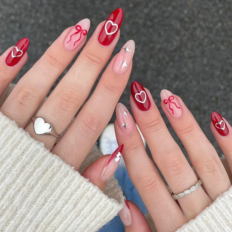 24pcs Cat's Eye Press on Nails Sets Simple Red Long Almond Fake Nails Tips Bow Design False Nail Rhinestone Round Head Manicure
