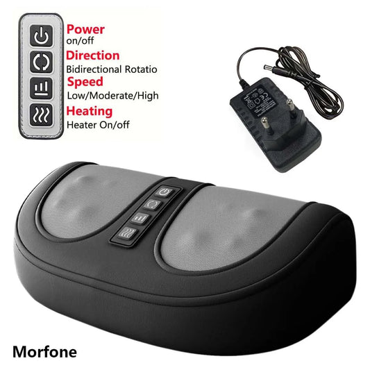 A black foot massager with bidirectional roll massage for the soles of the feet. Included is a power supply for