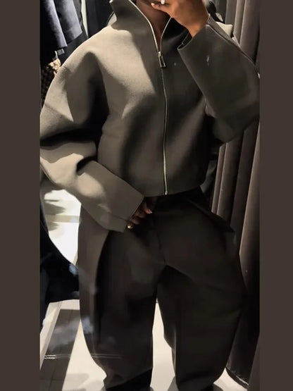Women Casual Solid Knitted Short Cardigan Lapel Full Sleeve Zipper Loose Cropped Coats 2025 Lady Daily Commute Fashion Outerwear