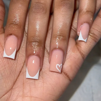 24PCS Rectangular Fake Nails Cute Heart-Shaped Nude Fake Nails Pointed French Valentine's Day Nails Suitable For Women And Girls