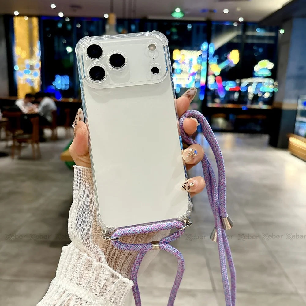 Shockproof Clear Soft Bumper Case For iPhone 17 16 15 14 Pro Max Plus Crossbody Lanyard Necklace Strap Cord Nylon Rope Cover