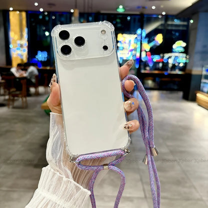 Shockproof Clear Soft Bumper Case For iPhone 17 16 15 14 Pro Max Plus Crossbody Lanyard Necklace Strap Cord Nylon Rope Cover