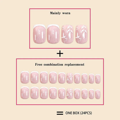 24Pcs/Set Short Size French Simplicity Glitter Pink Leaf Girls Women Full Coverage Wearable Fake Nails