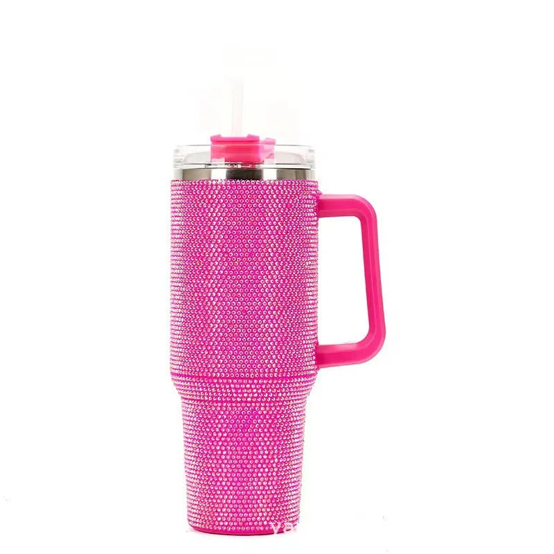 Diamond encrusted car cup coffee insulated cup 1200ml handle stainless steel straw Ice king cup portable insulated water bottle