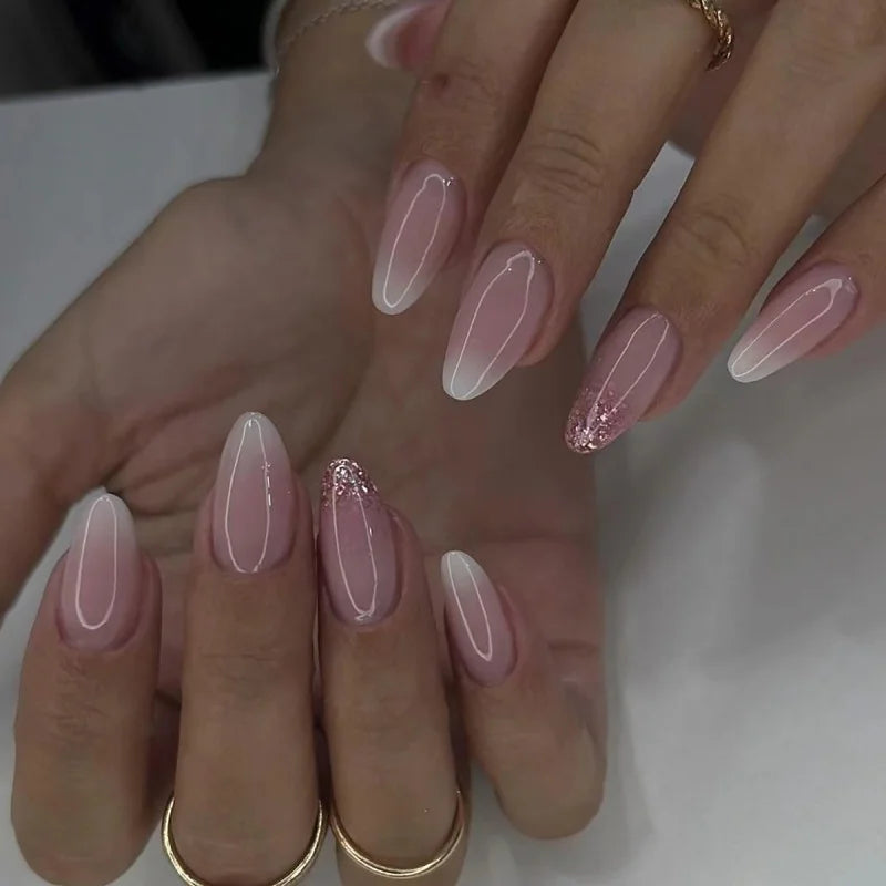 24pcs French Fake Nails Finished Almond Nails Sets with Golden Bow Design False Nail Art Simple Datachable Press on Nails Tips