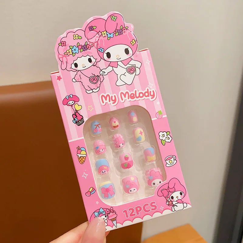 12pcs Kids 3D Stereo Sanrio Fake Nails Patch Sweet Girls Cute Cartoon Hello Kitty press on nails Kuromi Child Wearable FalseNail