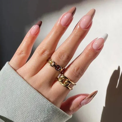 24Pcs Simple Green French False Nails Short Almond Fake Nails with Wave Line Design Wearable Round Head Press on Nail Tips