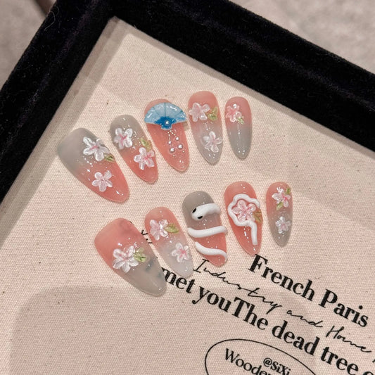 Handmade Press on Nails 3D Flower Snake Design Fake Nail Tips for Girls Wearable Detachable Sweet Gradient Almond False Nails