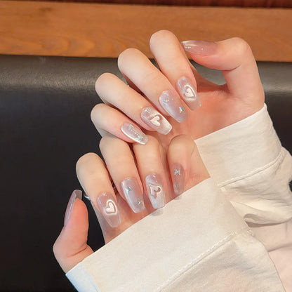 Handmade Press on Nails Sweet Pink Cat Eye Fake Nails Wearable Full Cover Shiny Love Korean Oval Head Fake Nails Manicure Set