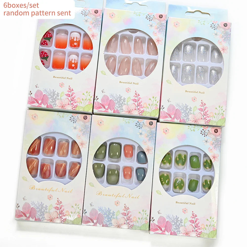 6 Boxes/set Press On Nails Full Cover Sweet Pink Red Short Round Head False Nails Manicure Wearable Nail Tips with Jelly Gel