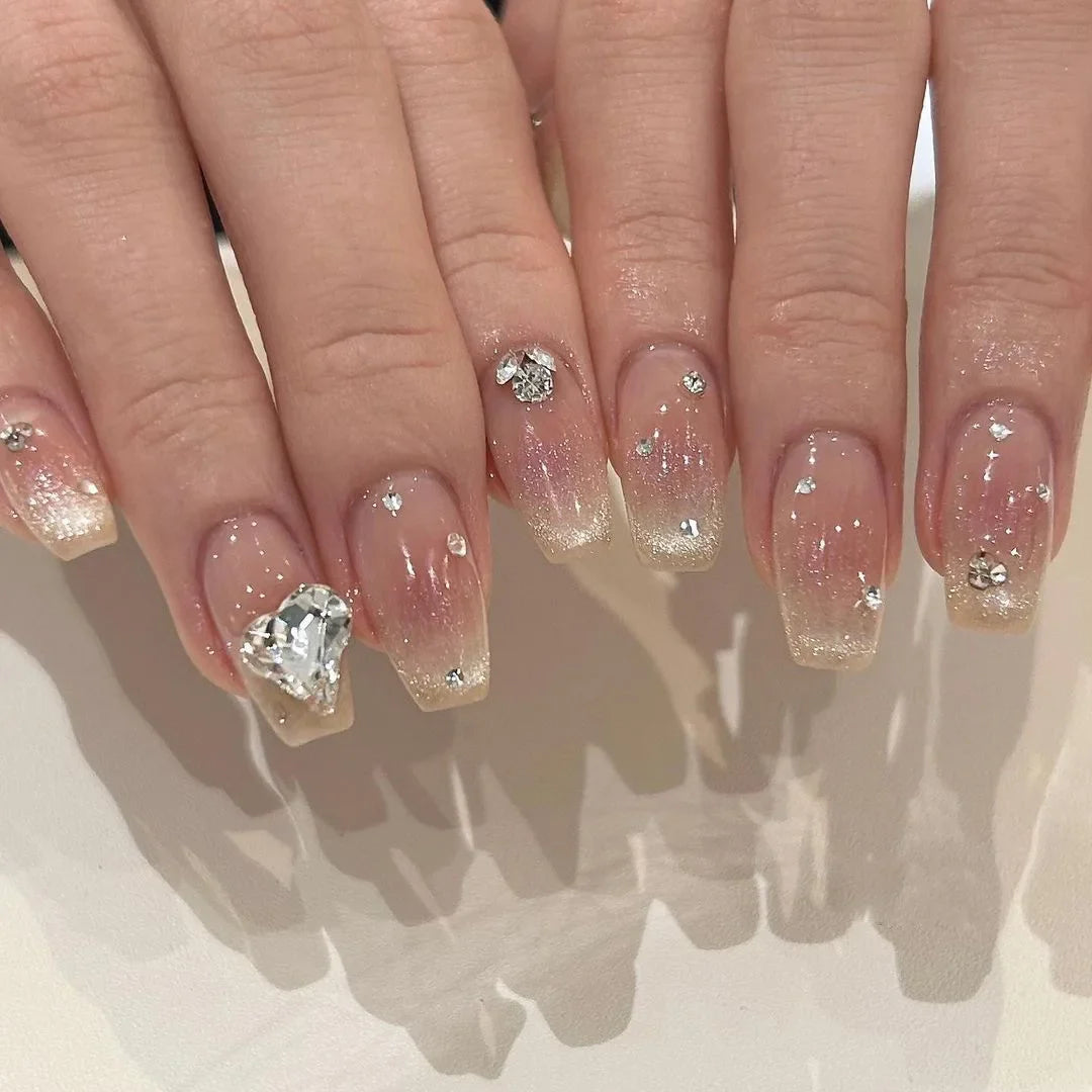 24Pcs Glitter Diamond Press On Nails Sweet Cute Girl Acrylic Nails Full Cover Short Square Fake Nails Wearable Manicure Nail Tip
