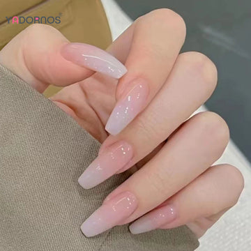 Long Coffin Press on Nails Nude Color Ballerina Fake Nails Light Pink Charms Manicure Women Girls Full Cover False Nails Tips