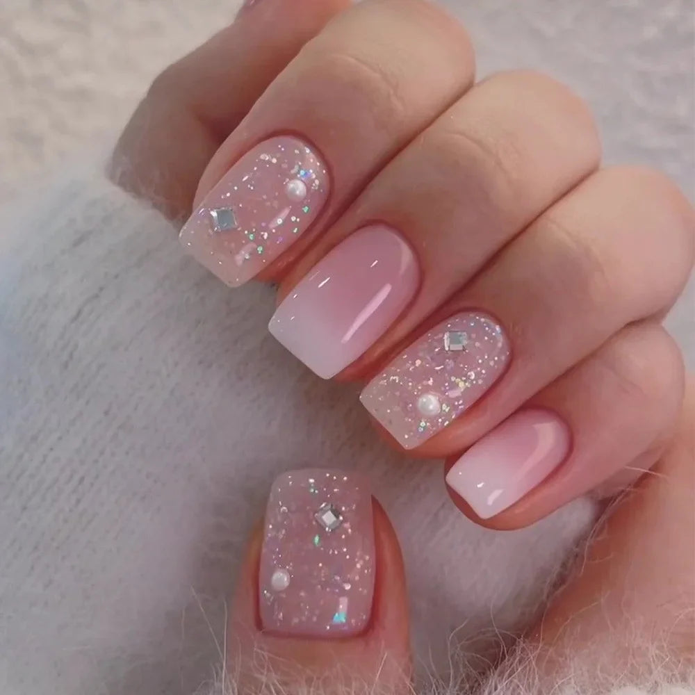 24Pcs Short Square Coffin False Nails Square Fake Nails with Glue French Glitter Wearable Acrylic Nails Set Press on Nail Tips