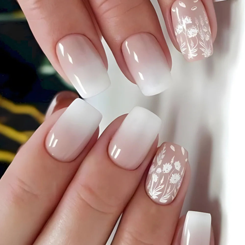 24Pcs Simple Fake Nail with Broken Diamond Short Square Press on False Nails Gradient White Wearable Ballet Full Cover Nail Tip