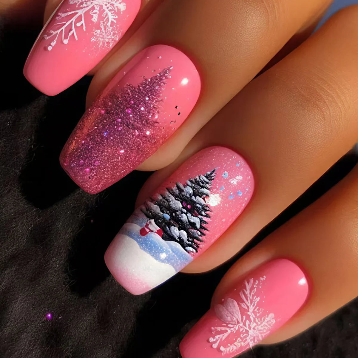 Medium Long fake nails for Christmas Black red blue nail tips white snowflakes fireworks Square almond tips press on false nails