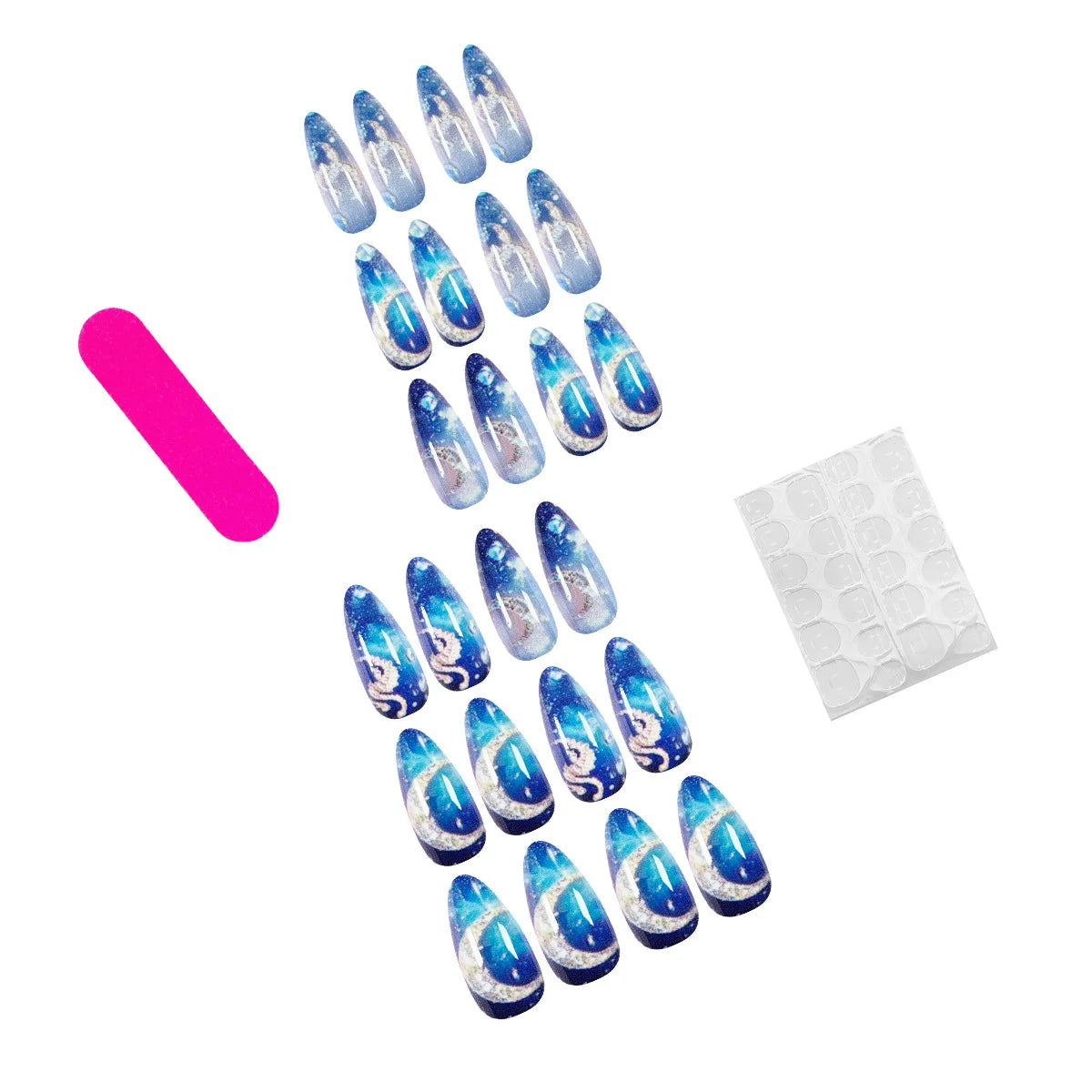 Medium fake nails for women gilrs gradient blue pink starry sky star moon Y2K design Almond nail tips press on false nail set