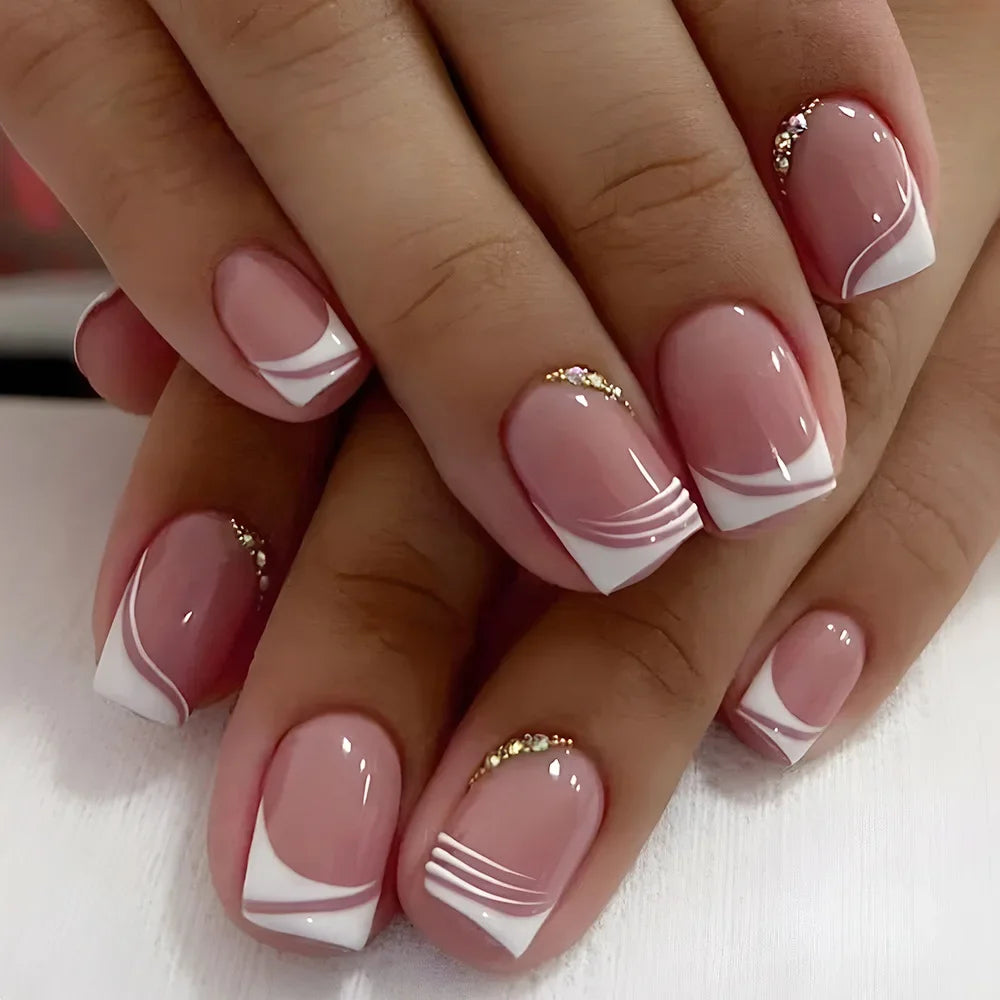 24Pcs Shiny Pearl Wearable False Nails Short Square Fake Nail Simple Summer Press on Nails Detachable Full Cover Nail Tips