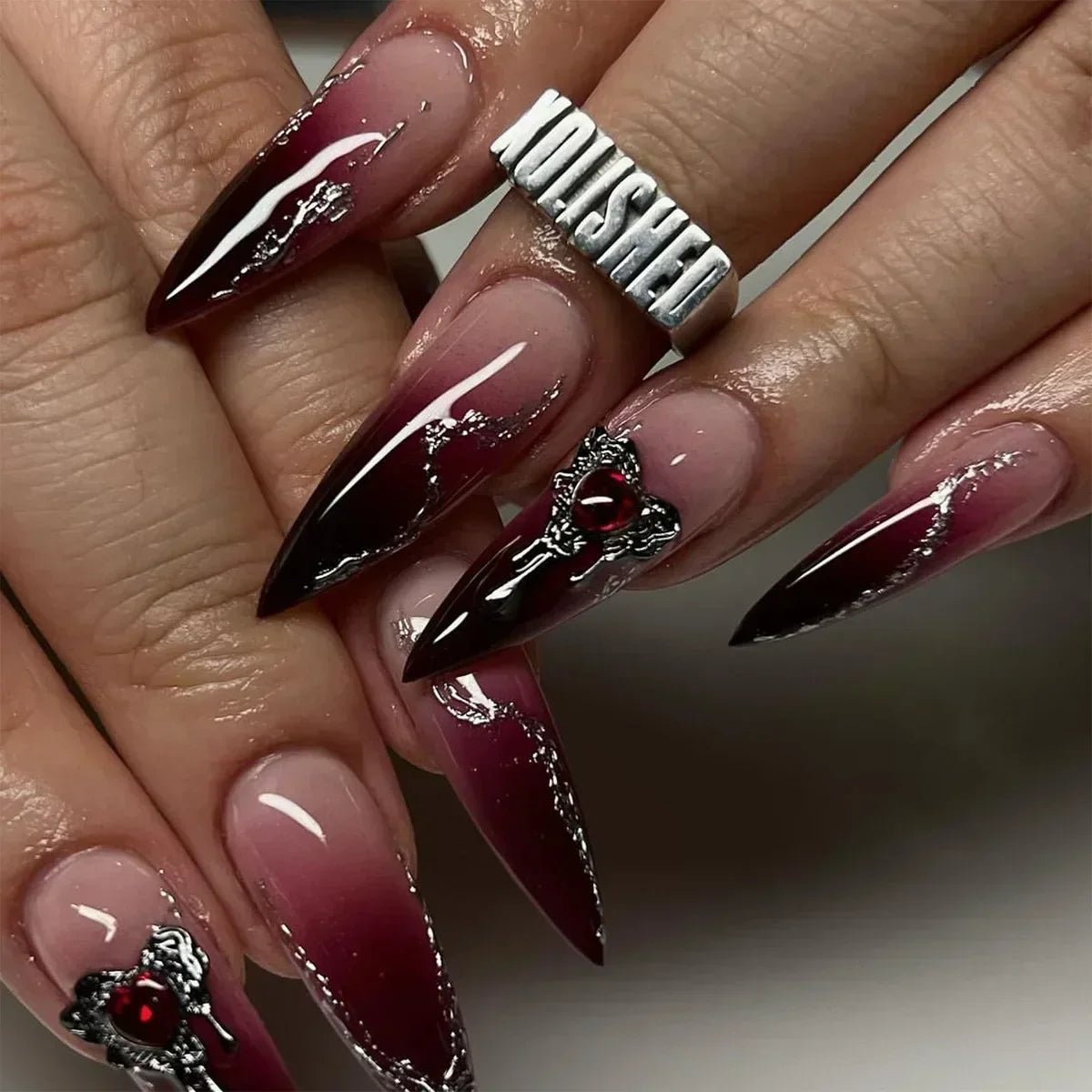 24Pcs Y2k Almond Acrylic Nails Full Cover 3D Diamond Black Nail Art Sweet Cool French Wearable Fake Nail Manicure Tips for Girls