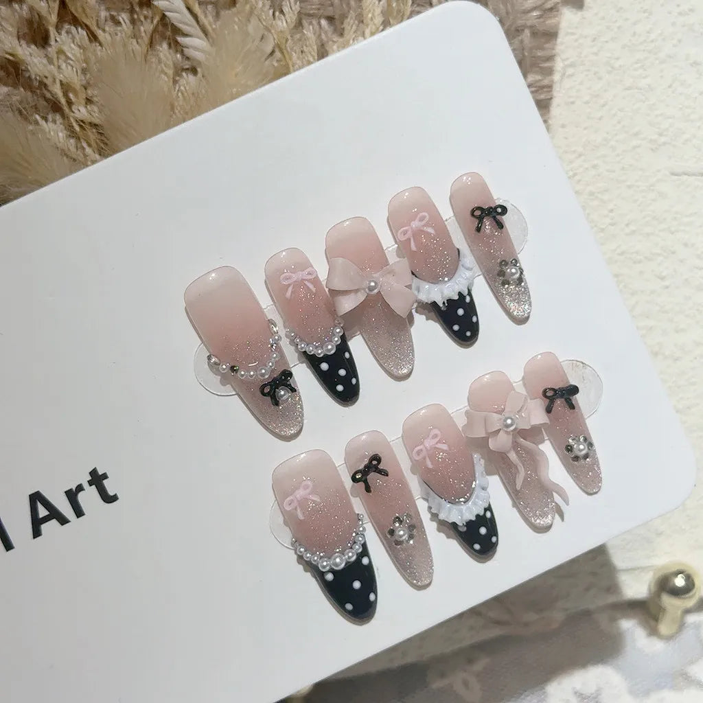 Black Pink Sweet French Almond Handmade Press On Nails Grid Polka Dot Love Skirt Ballet Fake Nails Princess Cute Bow Nail Art