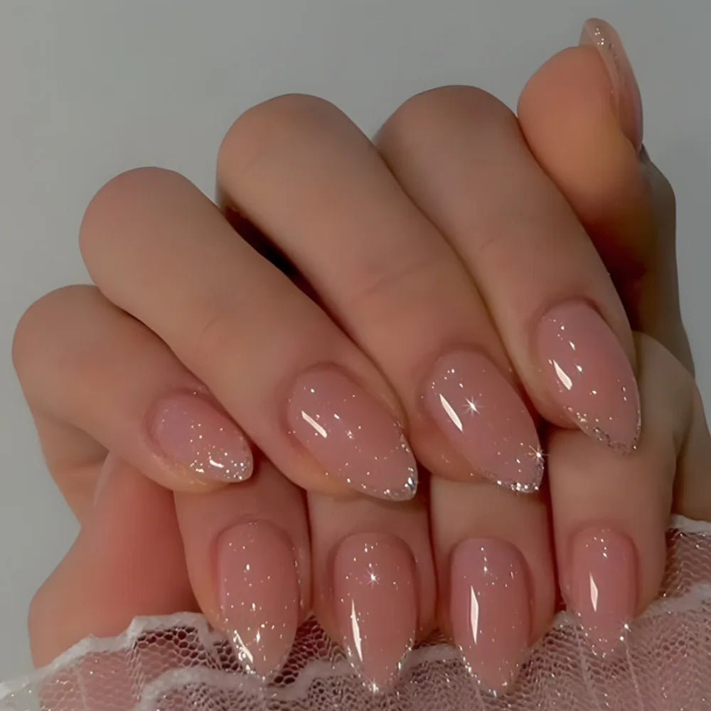 24pcs/set Short Medium fake nails for women girls gradient shiny glitters heart french Square almond tips Press on false nail