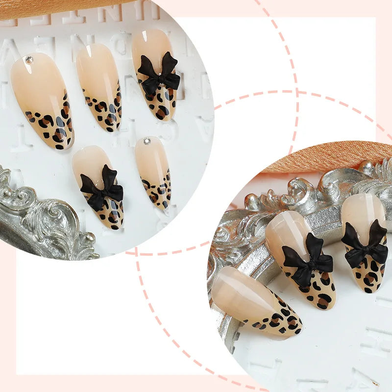 24pcs Almond-Shaped Nails Leopard Print Featuring a French Tip Design And 3D Bow Decor Glossy Full Coverage Press-On Fake Nails