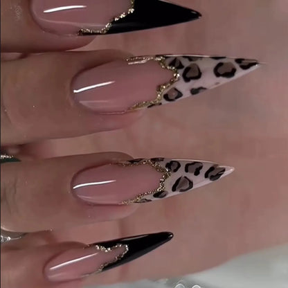 Leopard Print Ballet Fake Nails Art Almond False Nail Tip Charm Star Bowknot Flower Heart Cherry Pointed Press on Nails Manicure