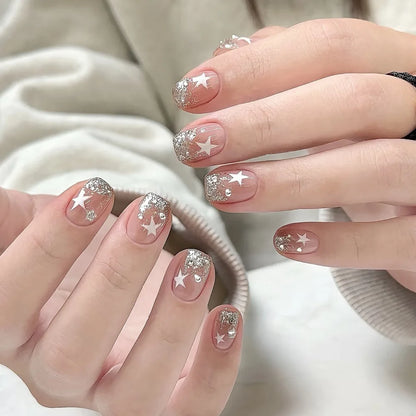 24pcs Short Almond Pink French False Nails Star Design Press on Nails Fake Nails DIY Manicure Detachable Stick-on Nail Tips