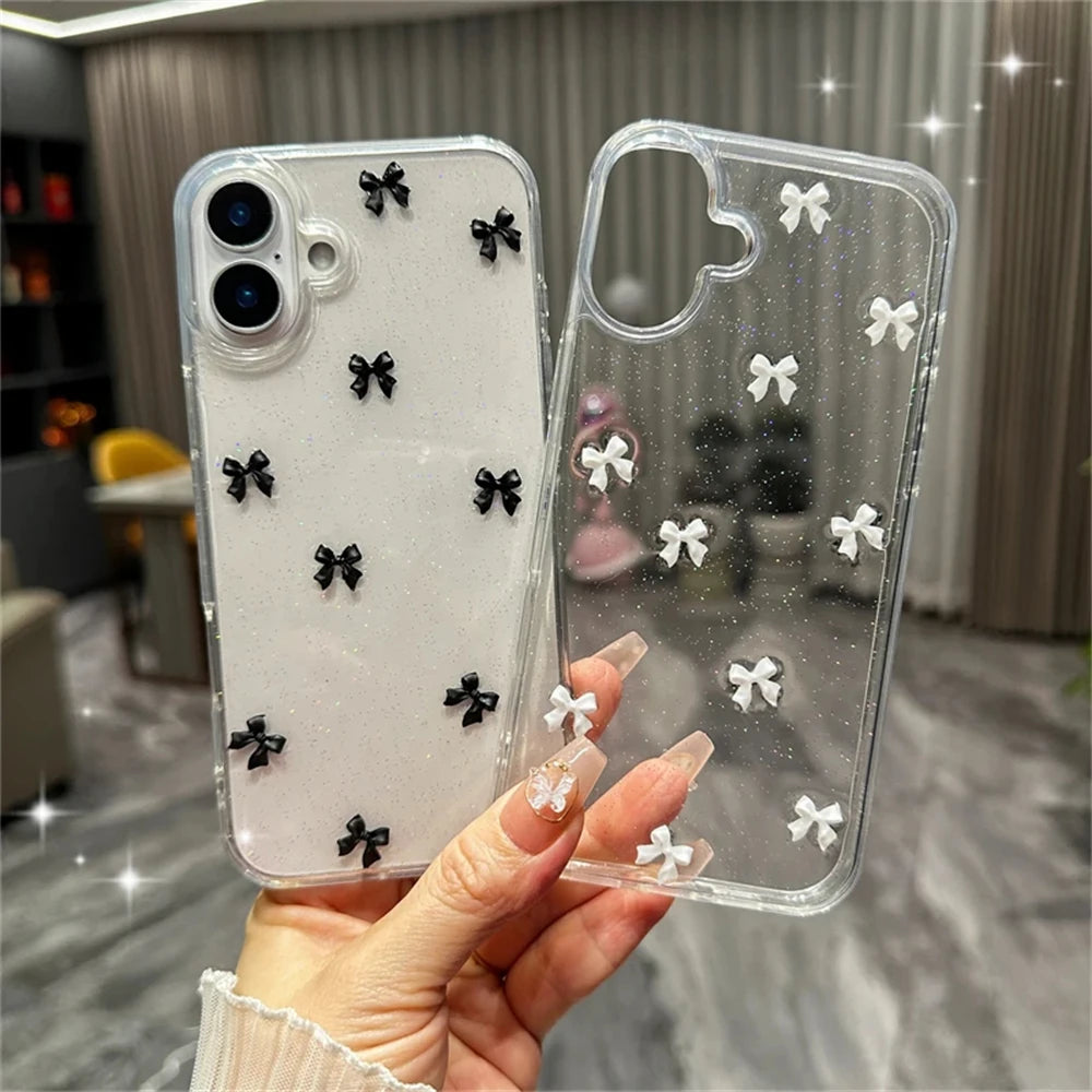 Cute 3D Bowknot Glitter Case For iPhone 17 Air 16 15 13 11 Pro Max 14 Plus 12 X XS XR 2025 Korean Girl Epoxy Clear Shell
