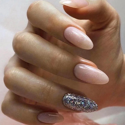 24Pcs Simple Glitter Almond False Nails with Glue Ballerina Nail Design Sweet Cool French Detachable Press on Nail Manicure Tips