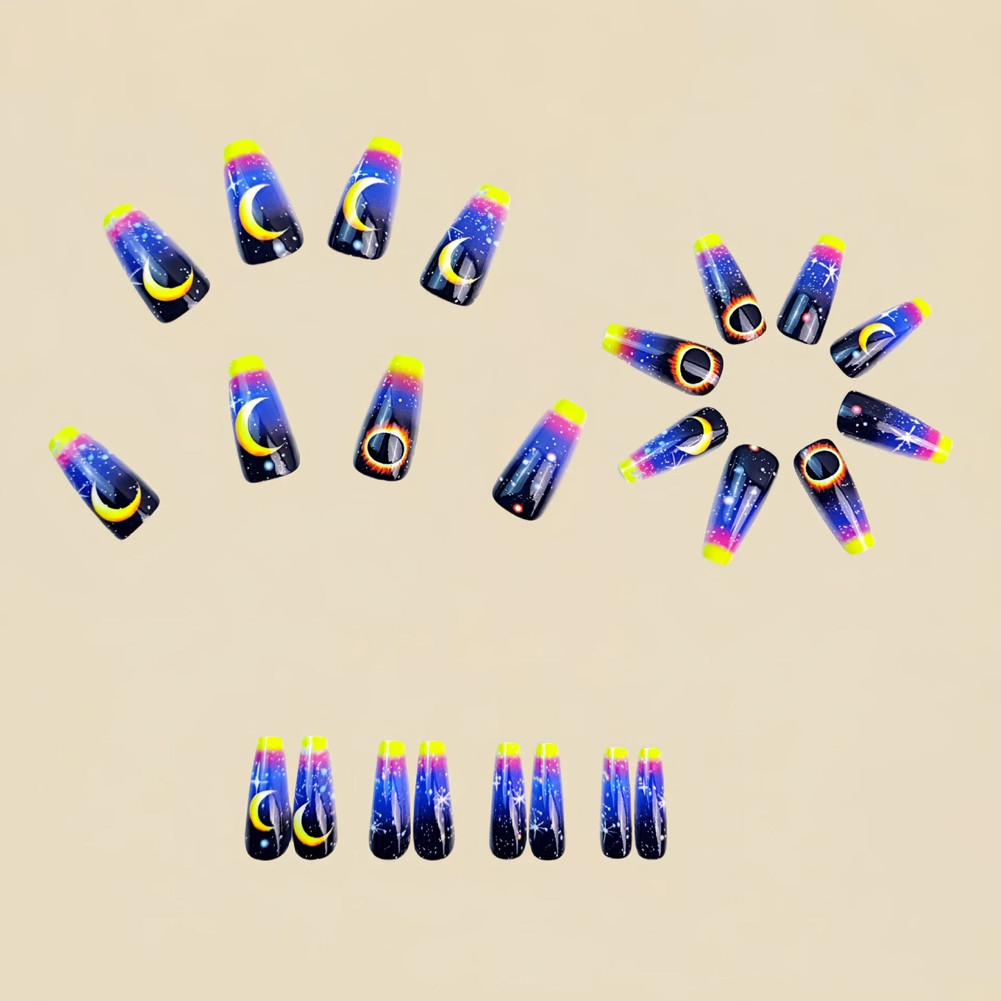 Medium fake nails for women gilrs gradient blue pink starry sky star moon Y2K design Almond nail tips press on false nail set